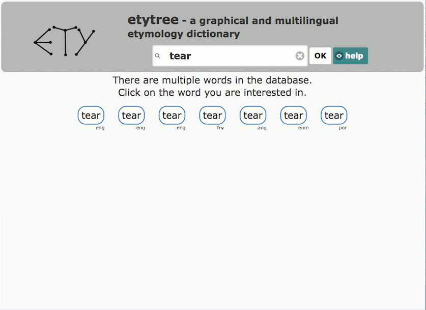 animated gif of how to explore the etymology of English tear using etytree